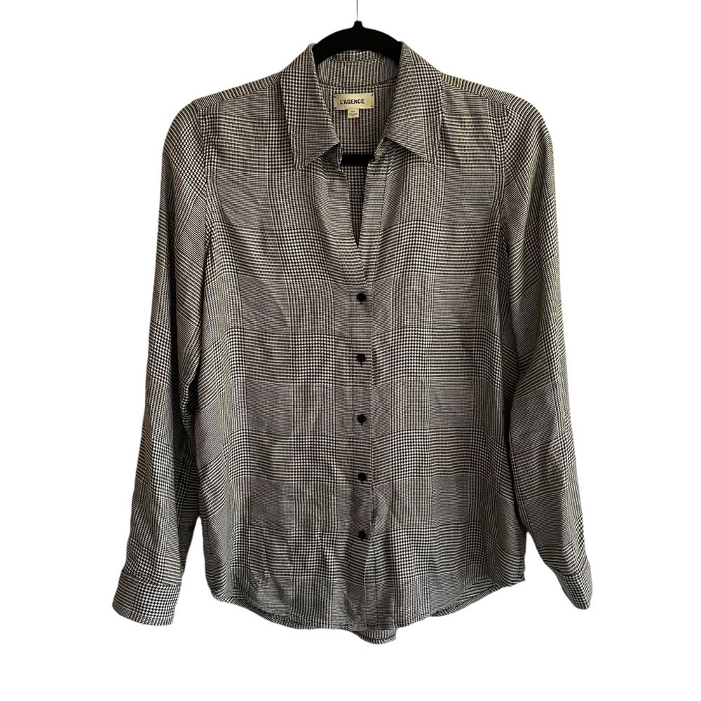 L’AGENCE Houndstooth Print Button Front Blouse Black Cream XS